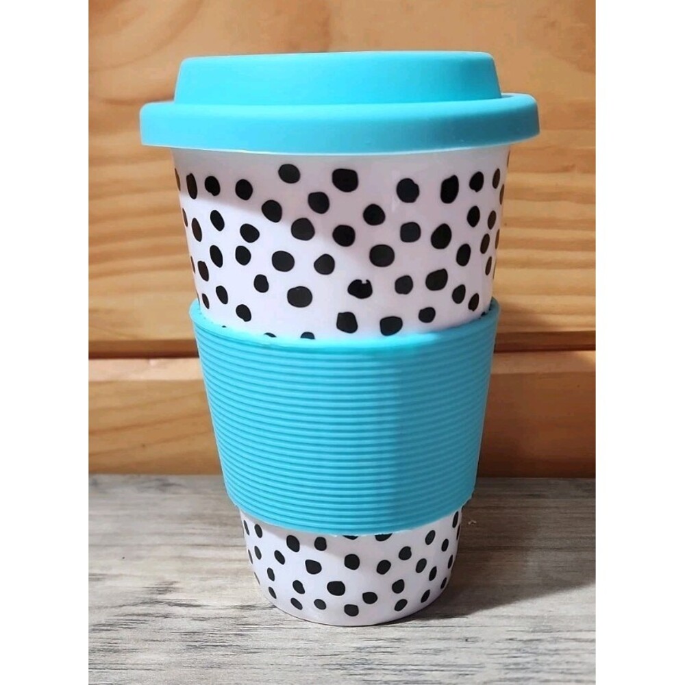 Ceramic Travel Mug W/ Silicone Lid & Sleeve  Teal Black And White Polka Dots